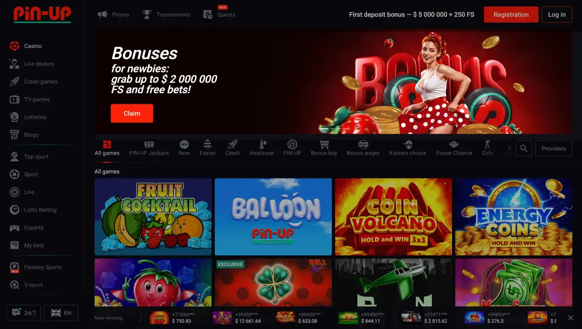Bonus pour l'inscription et le dépôt au casino PinUp