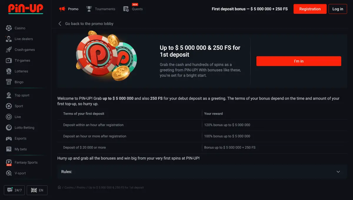 Promotions et bonus sur le site du casino PinUp