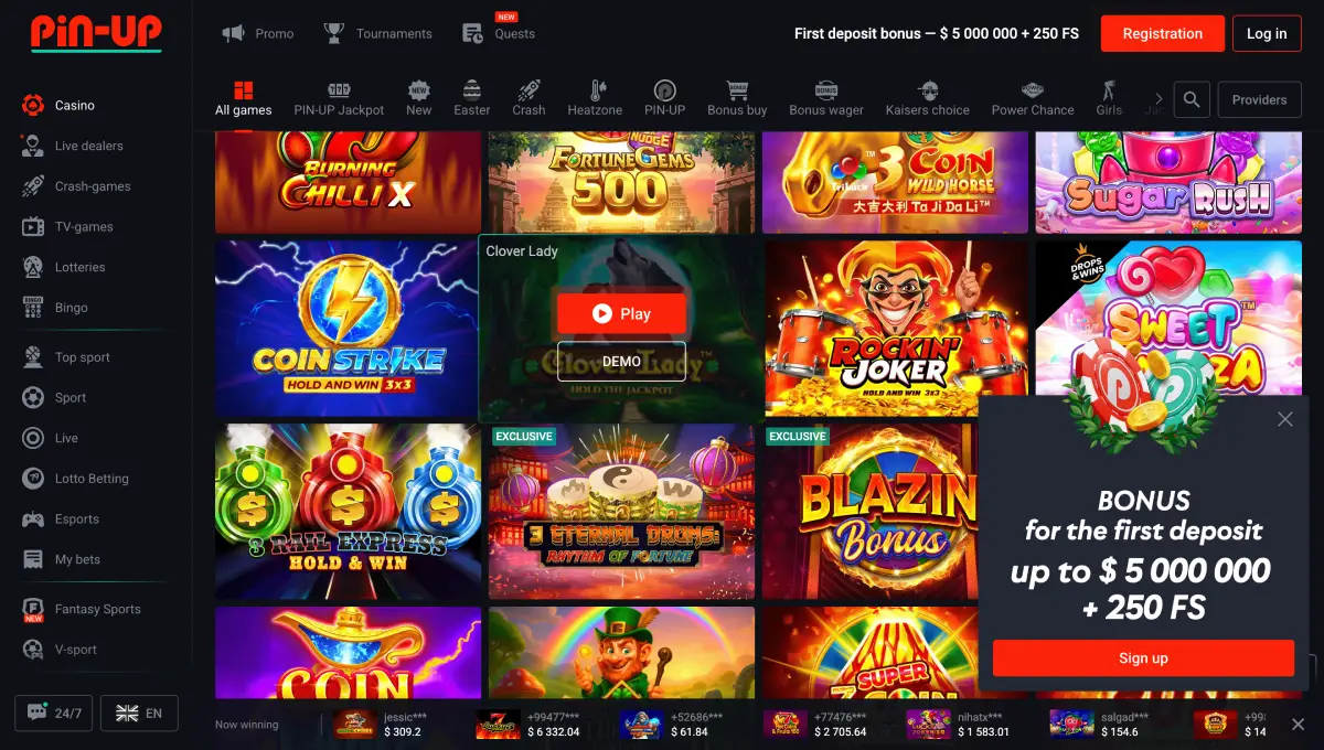 Bonus pour l'inscription d'un compte au casino PinUp